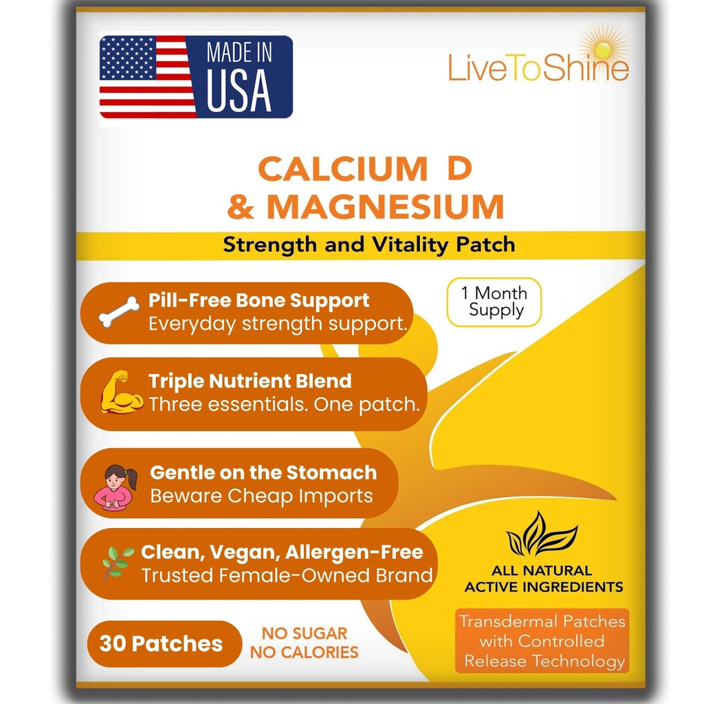Calcium Magnésium D3 Patches topiques pour hommes et femmes - Approvisionnement d'un mois - États-Unis Fabriqué par Live to Shine