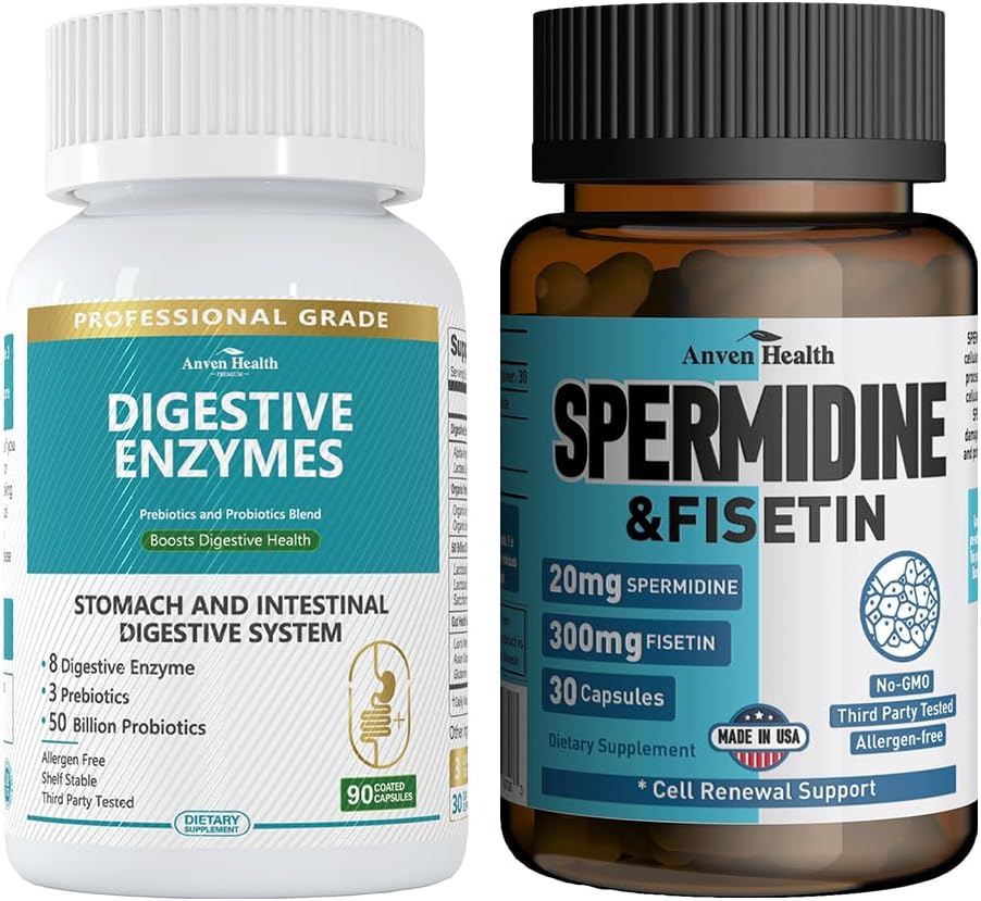800mg Enzymes digestifs pour les hommes et les femmes + Supplément de spermidine et de fisétine - 20mg de spermidine 3HCL 98%