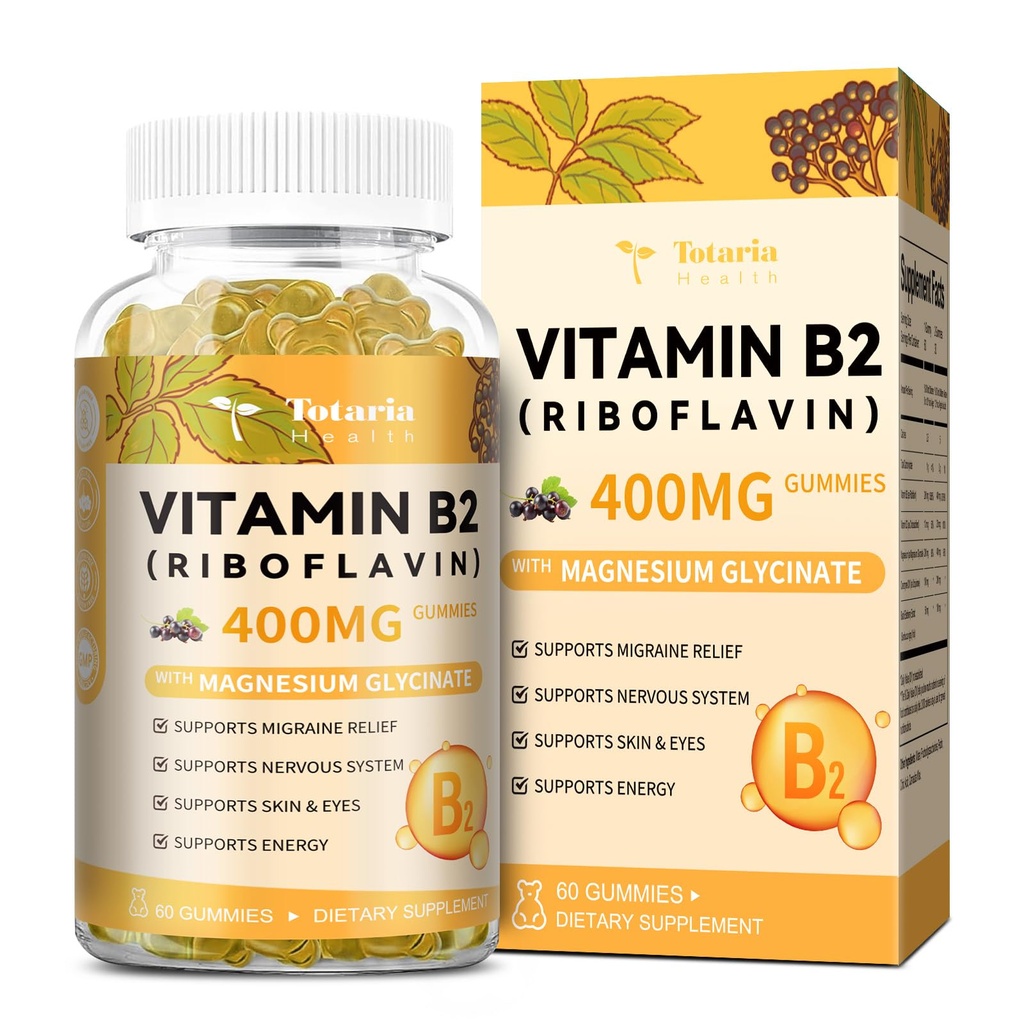 Totaria Vitamine B2 Gommies, sans sucre Riboflavine 400mg Supplément pour adultes et enfants avec Magnésium Glycinate 400mg, COQ10 & Elderberry, Skin & Nervous System Support, Non-OGM, 60 Gommies