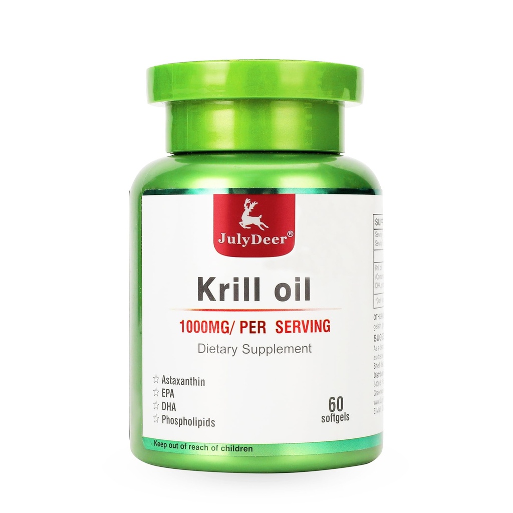 JulyDeer Antarctic Krill Oil 1000 mg avec Omega-3s EPA, DHA, Astaxanthin et Phospholipides 60 Softgels Supplément Aucun arrière-goût de poisson pour l'articulation, le cœur, le cerveau et l'immunité