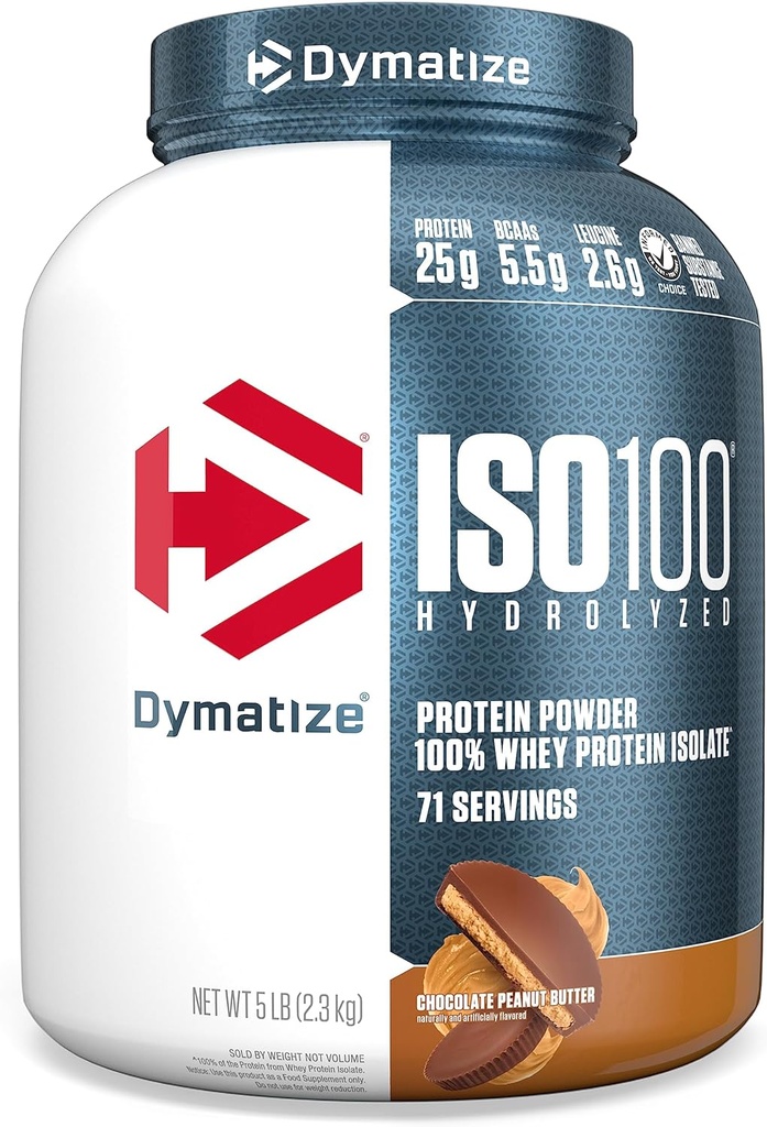 Dymatize ISO100 Whey Protein Powder Isolate, Chocolate Peanut Butter, 25g of Protein, 5 Pound, 5.5g BCAAs, Less Than 120 Cal., Gluten Free, 1g Fat, 1g Sugar, 2g Carb (71 Servings)
