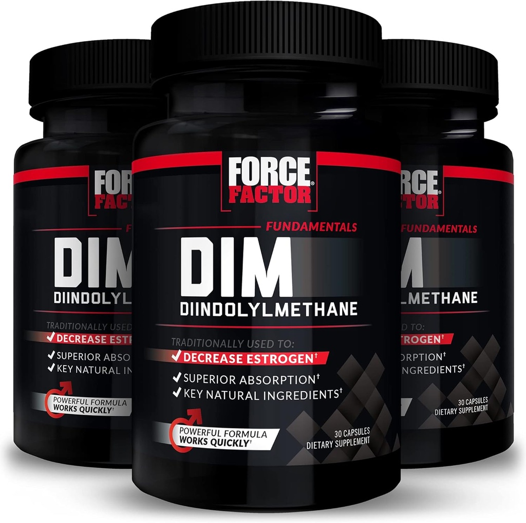 FACTEUR DE FORCE DIM, 3-pack, pilules pour diminuer l'estrogène chez les hommes, supplément de diindolylméthane avec ingrédients naturels clés et absorption supérieure, diindolylméthane 300mg, fonctionne rapidement, 90 capsules