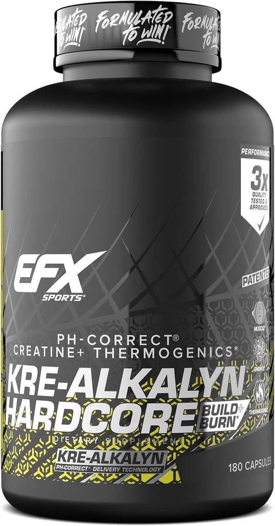 EFX Sports Kre-Alkalyn Hardcore (en anglais seulement) pH thermogénique Correct Creatine Monohydrate Pill Supplement (en anglais seulement) Énergie et force Pré-entraînement (en anglais seulement) 60 portions, 180 capsules