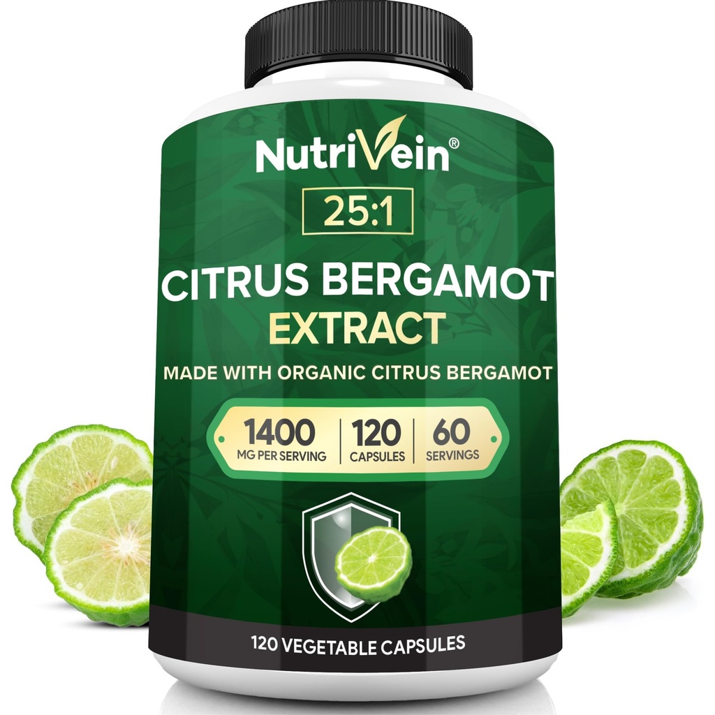 Nutrivein Premium Citrus Bergamot Supplément 1400mg 25:1 Bergamia Extrait - 60 jours d'approvisionnement (120 capsules): puissant agrumes italiens Bergamot 1400 mg+ haute concentration - coeur et système circulatoire