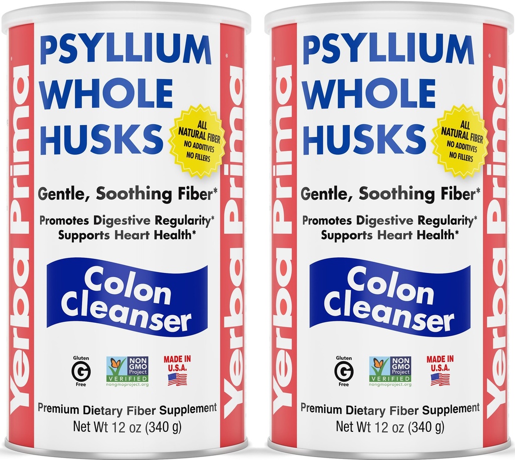 Yerba Prima Psyllium Souks entiers, Colon Cleanser 12 oz (paquet de 2) - Toutes les fibres alimentaires naturelles, Pure Premium Psyllium, non-OGM testé en laboratoire, fibre sans gluten, fabriqués aux États-Unis
