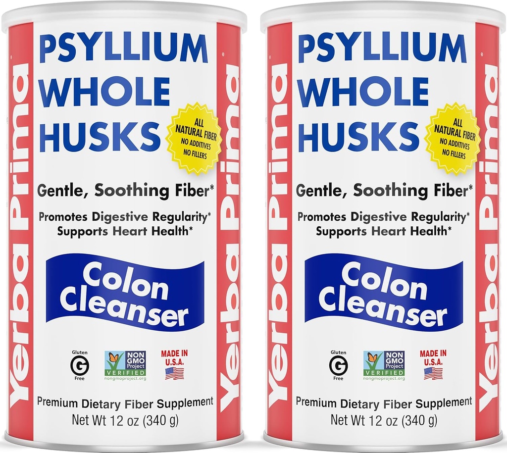 Yerba Prima Psyllium Souks entiers, Colon Cleanser 12 oz (paquet de 2) - Toutes les fibres alimentaires naturelles, Pure Premium Psyllium, non-OGM testé en laboratoire, fibre sans gluten, fabriqués aux États-Unis