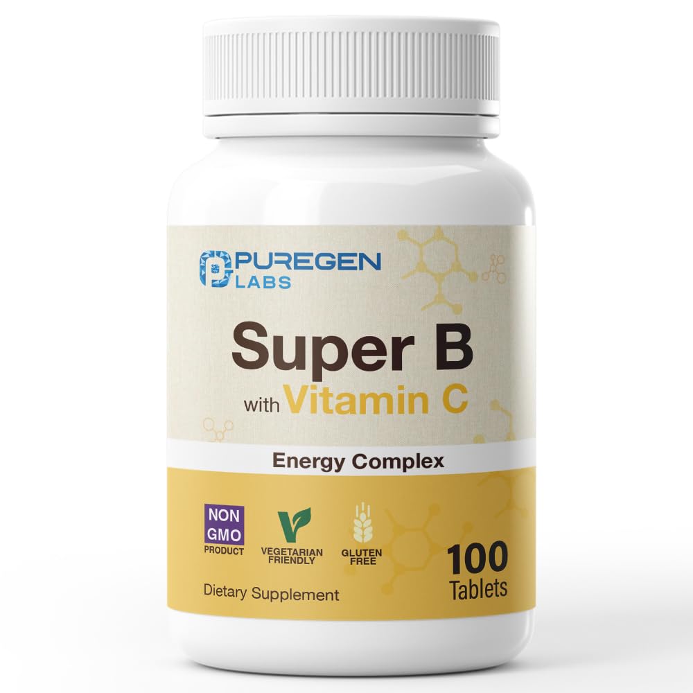 Complexe énergétique Super B de Puregen Labs avec vitamine C - Impune Health, Energy & Nervous System Support - Non-OGM, sans gluten 100 comprimés végétariens
