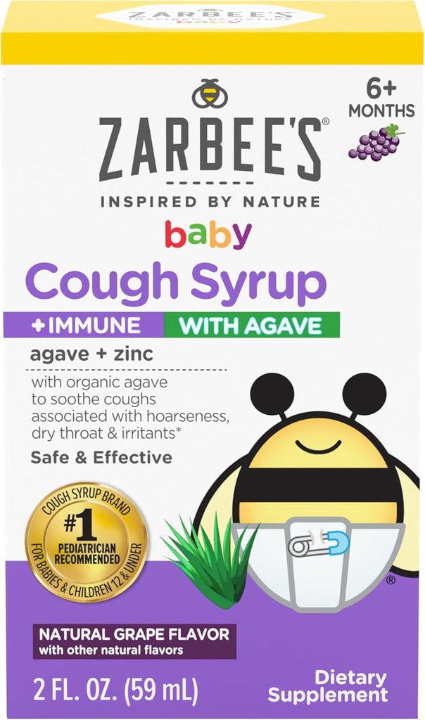 Syrup de Toux Bébé de Zarbee + Immune avec Agave Bio + Zinc; Saveur de raisin naturel; pour les bébés 6+ mois, 2 Fl Oz (paquet de 1)