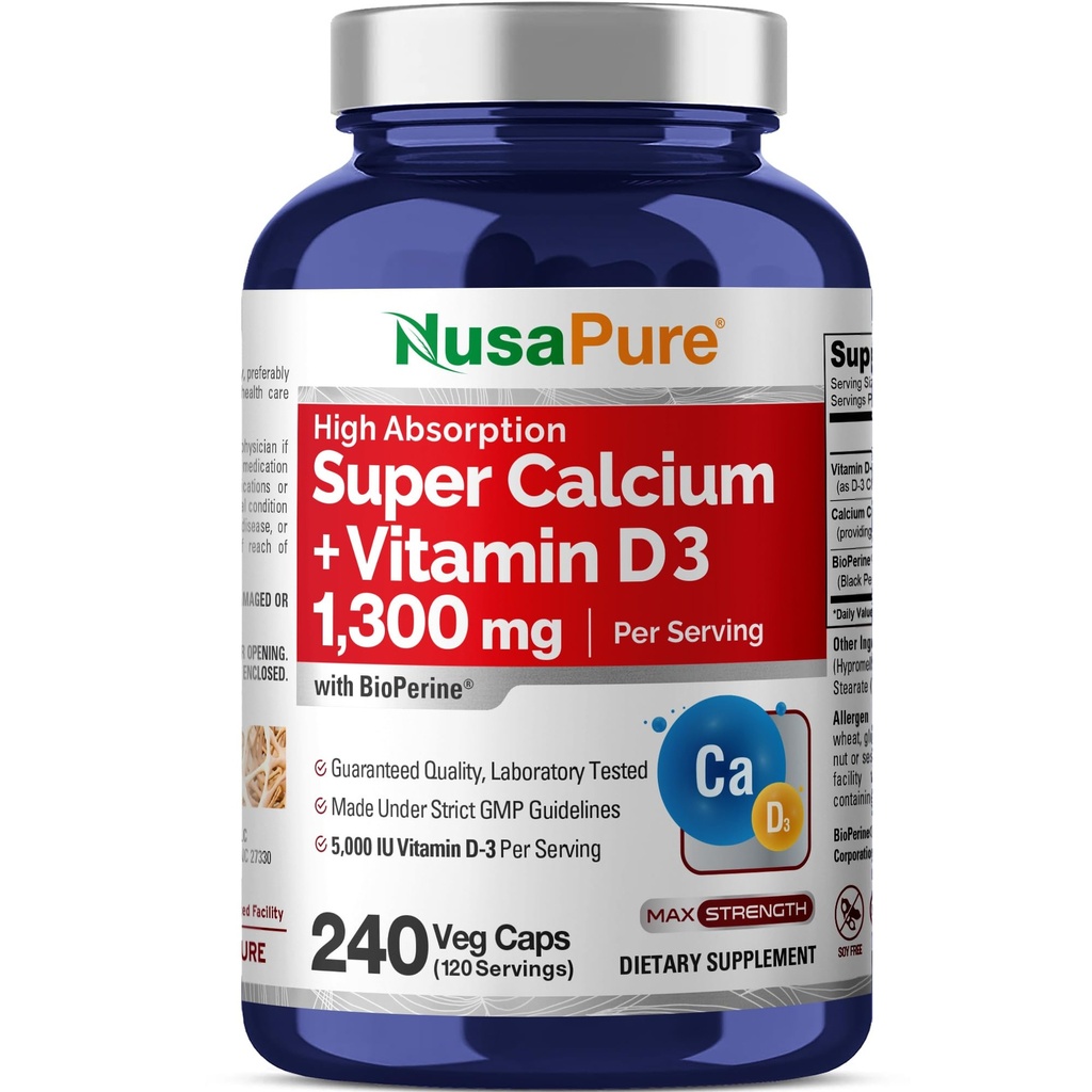 NusaPure Super Calcium 1300mg, Vitamine D3-240 Bouchons de légumes (non-OGM, sans soja, biopérine)