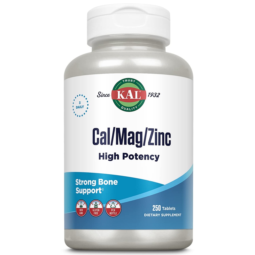 KAL Cal/Mag/Zinc. 1000mg Calcium, 400mg Magnésium et 15mg Zinc.