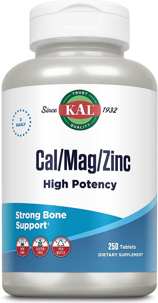 KAL Cal/Mag/Zinc. 1000mg Calcium, 400mg Magnésium et 15mg Zinc.