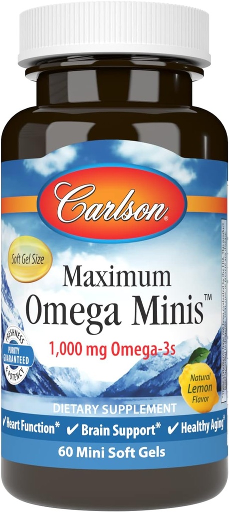 Carlson - Maximum Omega Minis, 1000 mg Omega-3s, Fonction cardiaque, Soutien du cerveau et Vieillissement en santé, Citron, 60 Mini Softgels