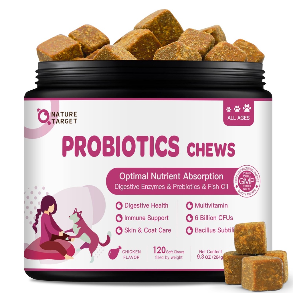 NATURE TARGET Probiotiques pour chiens et enzymes digestives pour la santé digestive - Supplément huile de poisson et vitamines pour les allergies et la peau immunitaire et démangeaisons, 120 poulets d'arôme Probiotique moelleux
