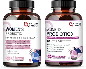 NATURE TARGET Women's Probiotics & Prebiotics, Cranberry & D-Mannose, 50-Billion-CFUs, Organic Probiotics for Digestive Health/Gut Health/Immune Booster/Weight Management