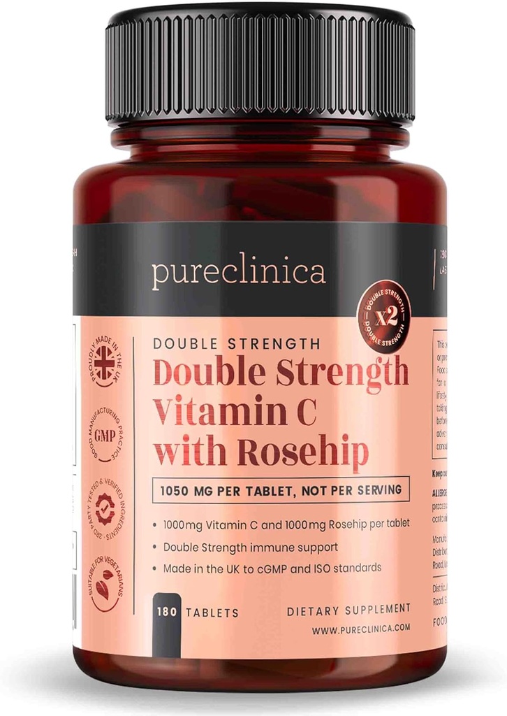 purclinica Vitamine C avec puceau – 2000mg (1000mg VIT C & 1000mg Extrait de puceau) x 180 comprimés - 6 mois d'approvisionnement!
