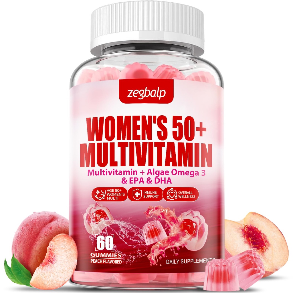 Femmes sans sucre Multivitamine 50 Plus Gommies avec Calcium, Magnésium, Zinc, Vitamine A, C, D3, E, K2, B Complexe, Folate, Biotine - Multivitamines et minéraux pour la peau, l'énergie, le soutien immunitaire