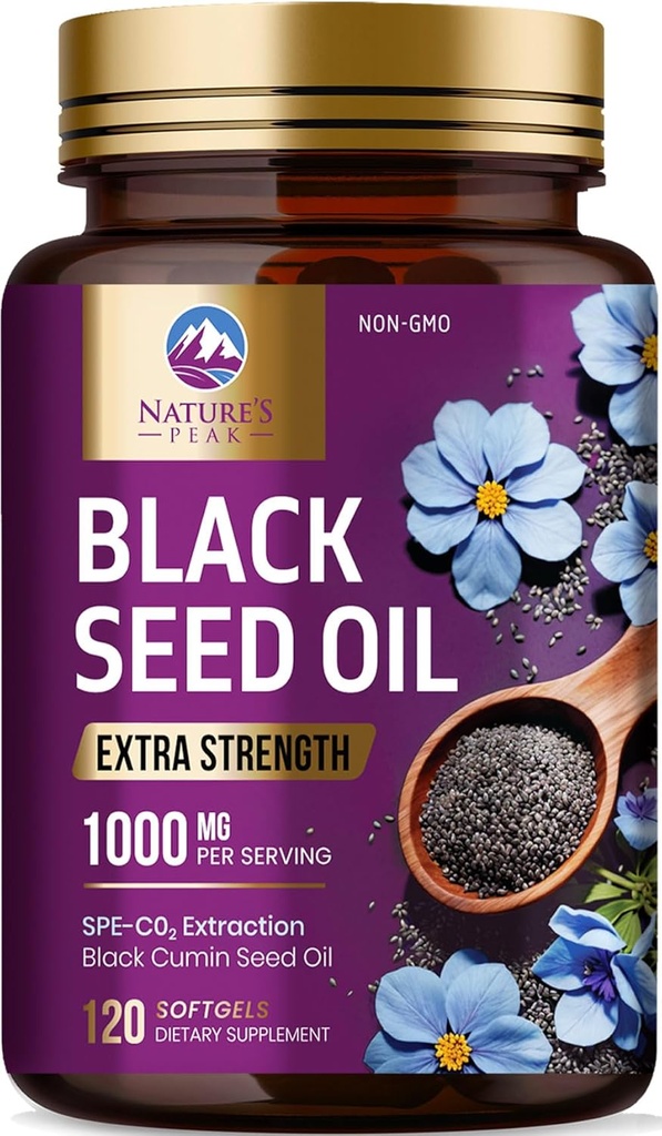 Black Seed Oil 1000mg - Premium Extra Strength Nigella Sativa Black Seed Oil - Black Seed Oil Skin, Digestive Health & Immune Support - Non-OGM Antioxydant, Supplément sans gluten - 120 Softgels