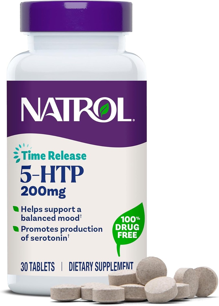Natrol 5-HTP 200 mg, libération dans le temps, soutien d'une humeur équilibrée, supplément alimentaire fournit la production de sérotonine tout au long de la journée, 30 comprimés, jusqu'à 30 jours d'approvisionnement