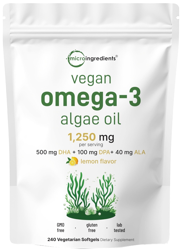Micro Ingredients Vegan Omega 3 Algae Oil, 240 Veggie Softgels | Fish Oil Alternative | DHA 500mg & DPA 100mg | Carrageenan Free | Plant-Based Omega 3 with Flaxseed & ALA | Lemon Flavored