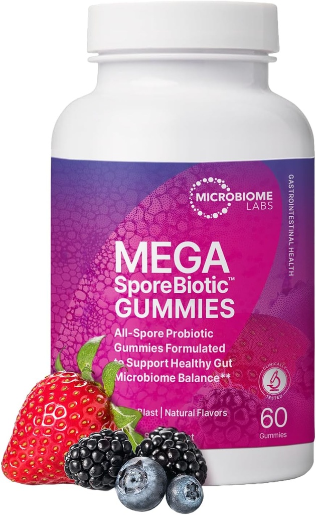 Microbiome Labs Spore Based Probiotic Gummies for Women, Men & Children - MegaSporeBiotic Gummies - 4 Bacillus Probiotics for Digestive Health & Microbiome Support - Berry Flavor (60 Gummies)