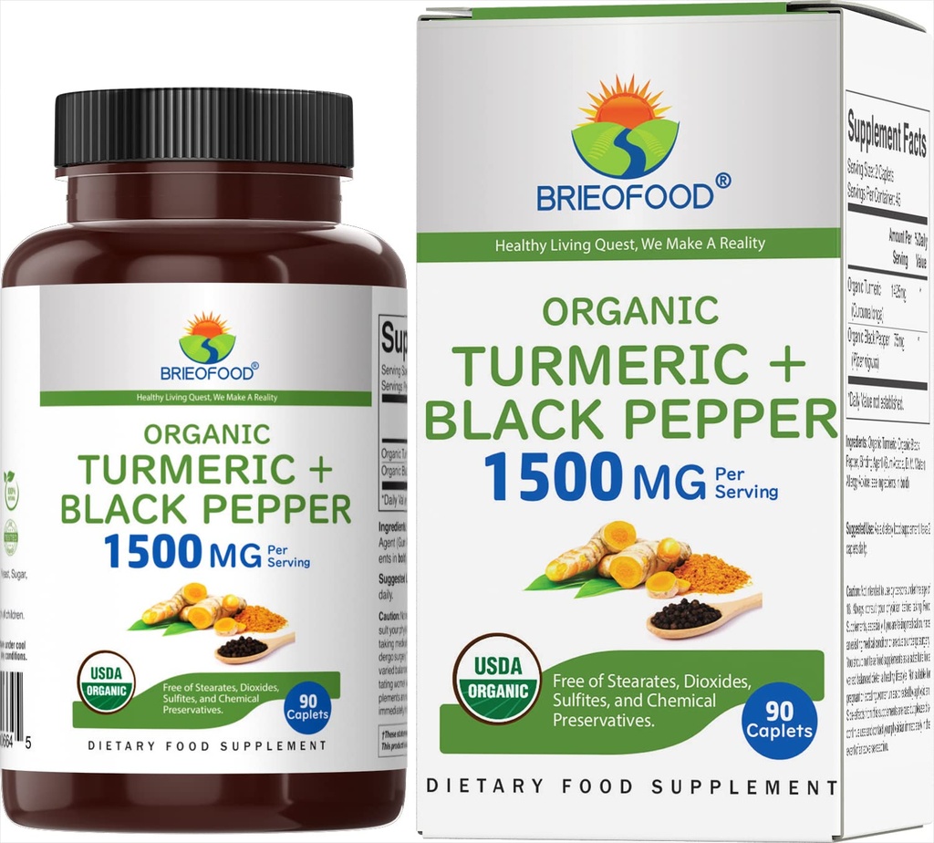 Brieofood Turcuma biologique avec poivre noir 1500mg, 45 portions, végétarien, sans gluten, 90 comprimés végétariens