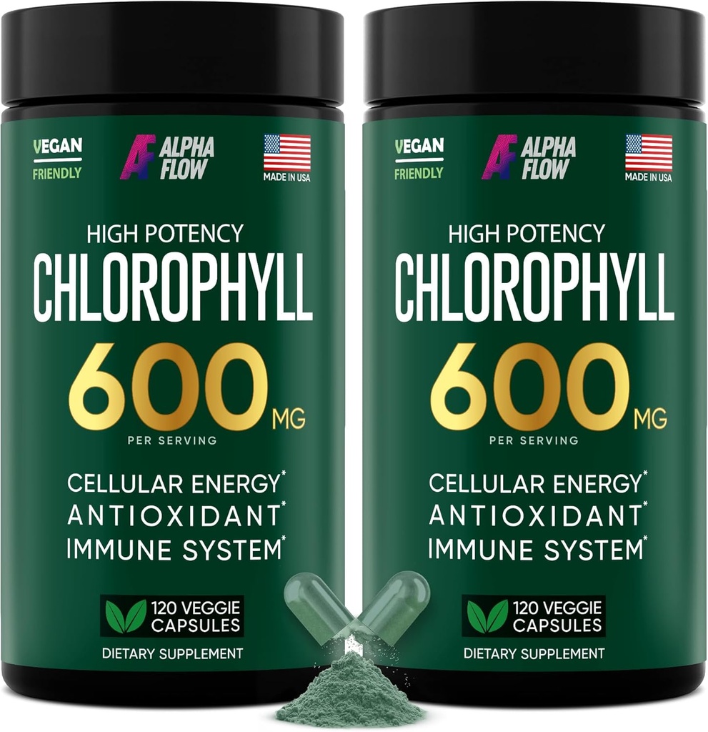 Alpha Flow [2 Pack] Capsules de chlorophylle 600mg - Supplément de chlorophylle pour l'énergie et la peau - Déodorant interne pour les femmes et les hommes - Alternative aux gouttes liquides - 240 pilules véganes