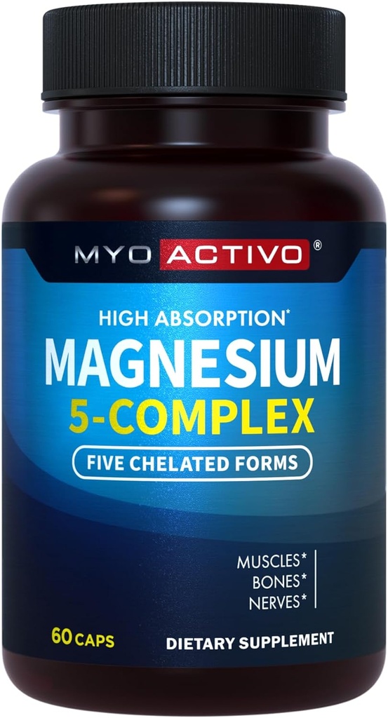 5-en-1 Complexe de magnésium - Haute absorption - Glycinat de magnésium chélaté, malate, citrate, taurate et aspartate pour nerfs, muscles, os 60 capsules
