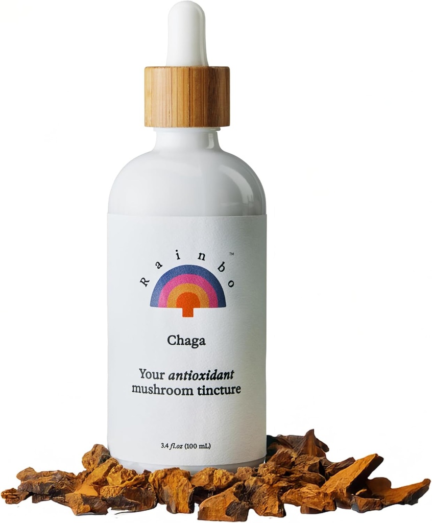 Rainbo - Teinture de champignons Chaga - Supplément de champignons à double extrait - Support immunitaire, Support cellulaire, Supplément de Chaga liquide, Vegan, Non OGM, 3,4 fl oz