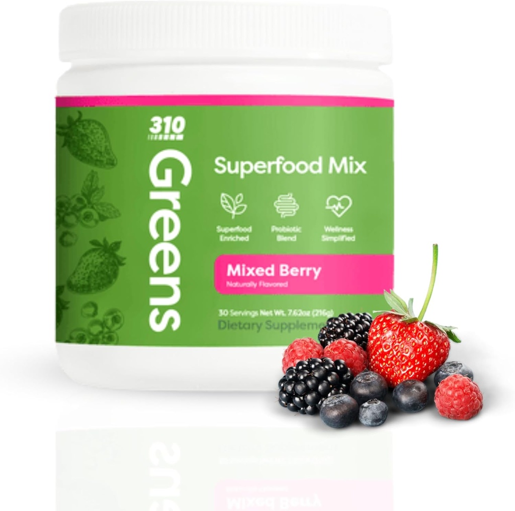 310 Nutrition Organic Superfood Greens Powder – Super Green Powder Supplement with Daily Greens Spirulina, Vegetable Enzymes & Antioxidants – Immunity Boost – Mixed Berry, 30 Servings