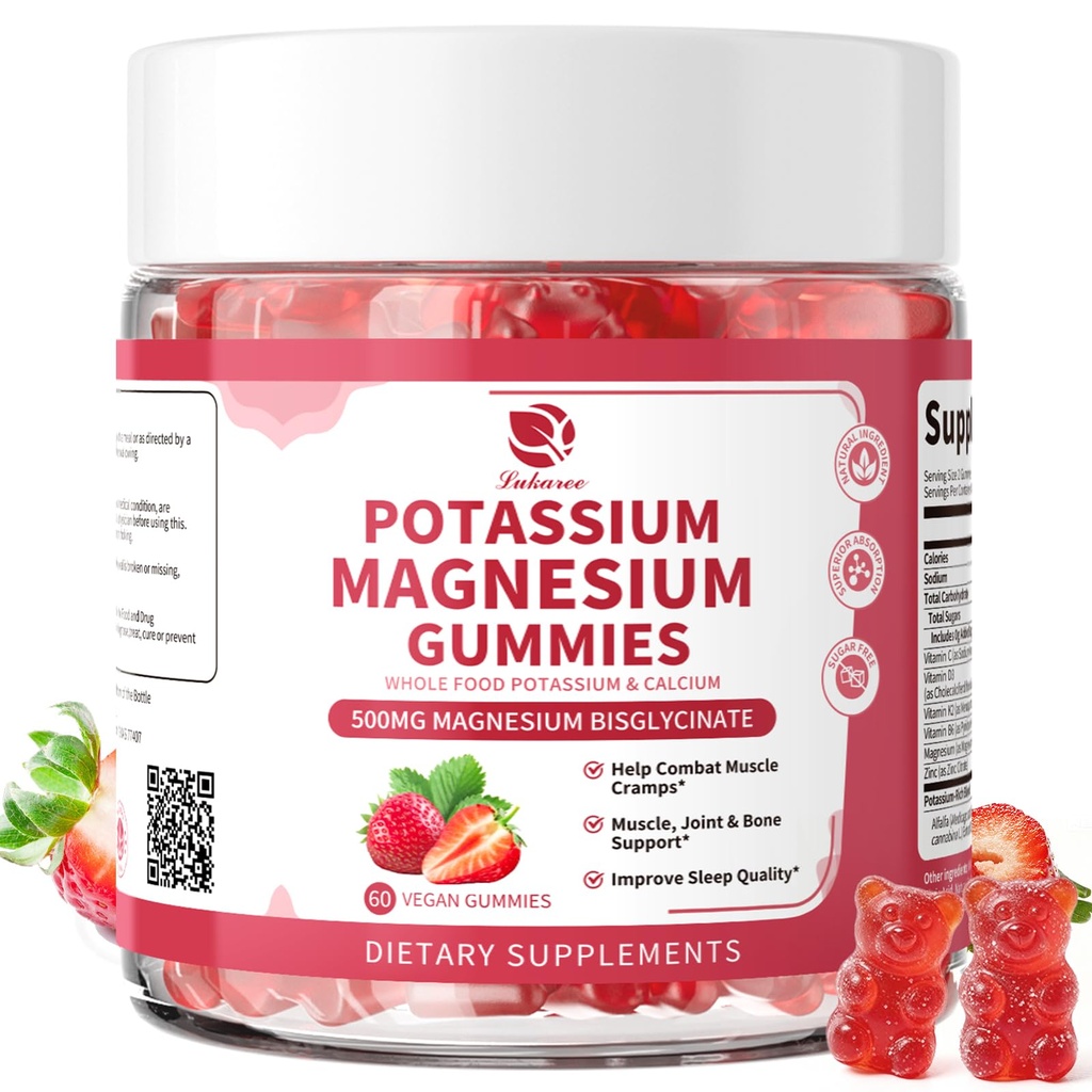 Supplément de magnésium potassique Gommies - Nouvelle formule Calme Magnésium Glycinate Gommies & Potassium Citrate 200 mg Plus Omega 3, B6, D3, K2 & Calcium pour Zzz, Crampes et Muscle - 120 Compte