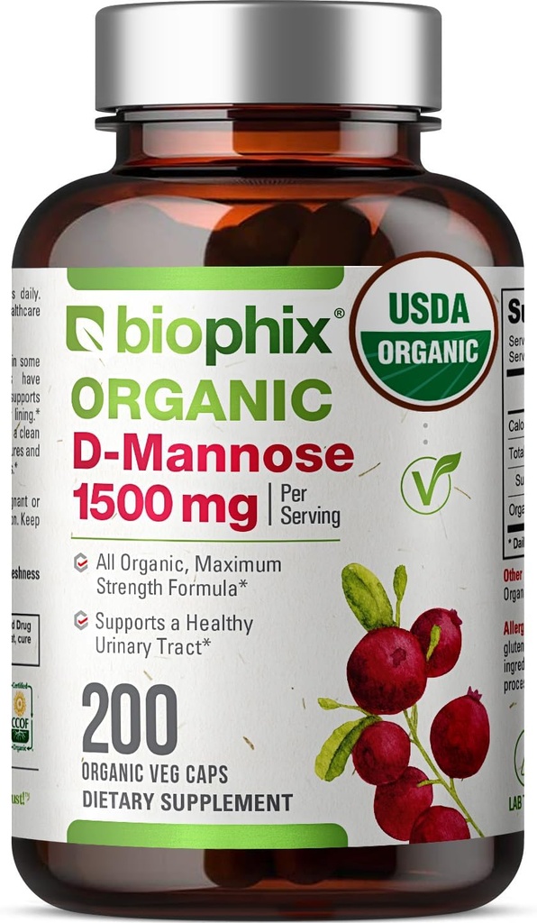 biophix D-Mannose USDA Organic 1500 mg 200 Veggie Caps - Supports a Healthy Bladder Urinary Tract, Non-GMO, Vegan-Friendly