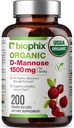 biophix D-Mannose USDA Organic 1500 mg 200 Veggie Caps - Soutient un système urinaire à la peau saine, non-OGM, végan-friendly