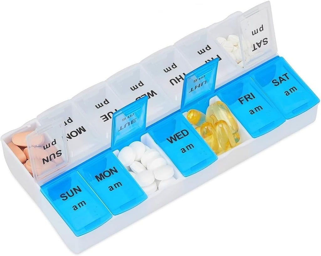 Pill Organizer 7 Day, Pill Box 2 Times a Day AM PM Pill Case, Weekly Pill Container Portable Travel Medicine Box for Vitamins and Supplements (Blue-White)