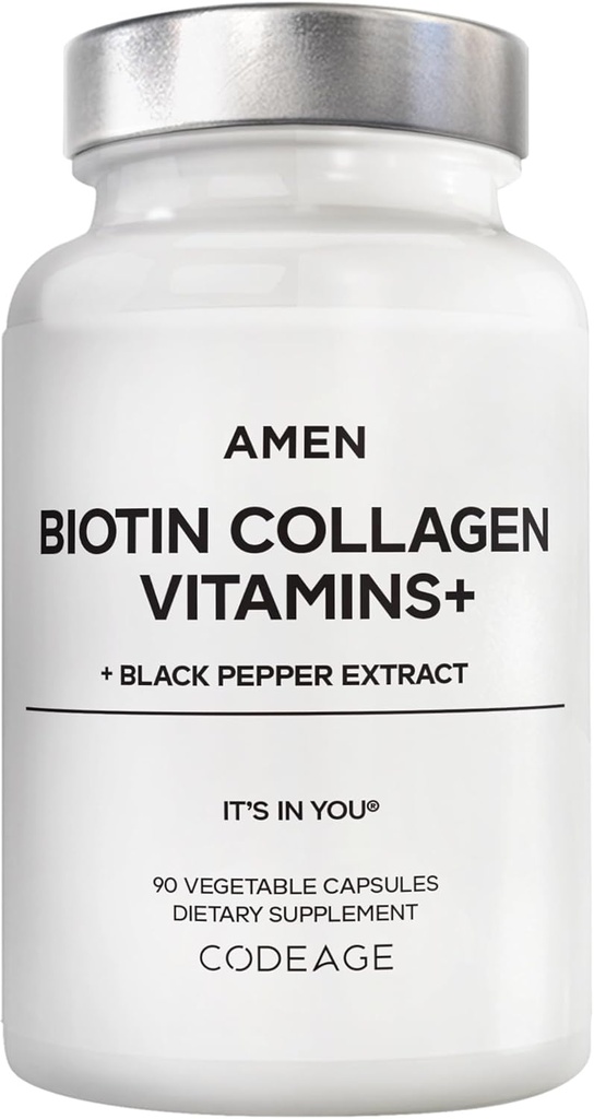 Amen Biotine Collagène Vitamines+ 10 000 mcg Supplément Biotine - Collagène hydrolysé, Vitamines C et E, Folate, Acide hyaluronique, Keratine, MSM, Saw Palmetto - Approvisionnement de 3 mois - Non-OGM - 90 Capsules