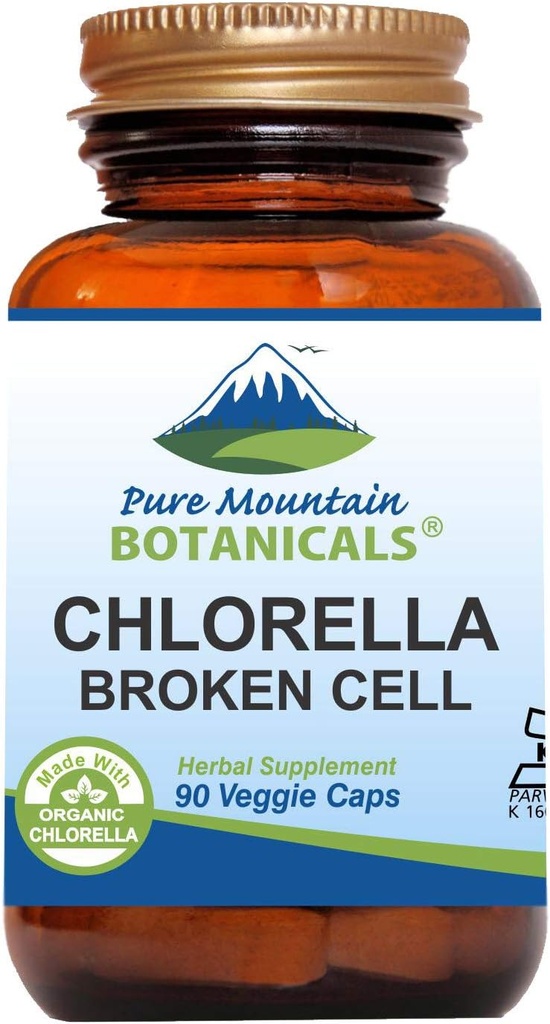 Pure Mountain Botanicals Broken Cell Wall Chlorella Capsules - 90 Kosher Caps végétaliens maintenant avec 500mg de poudre de Chlorella biologique