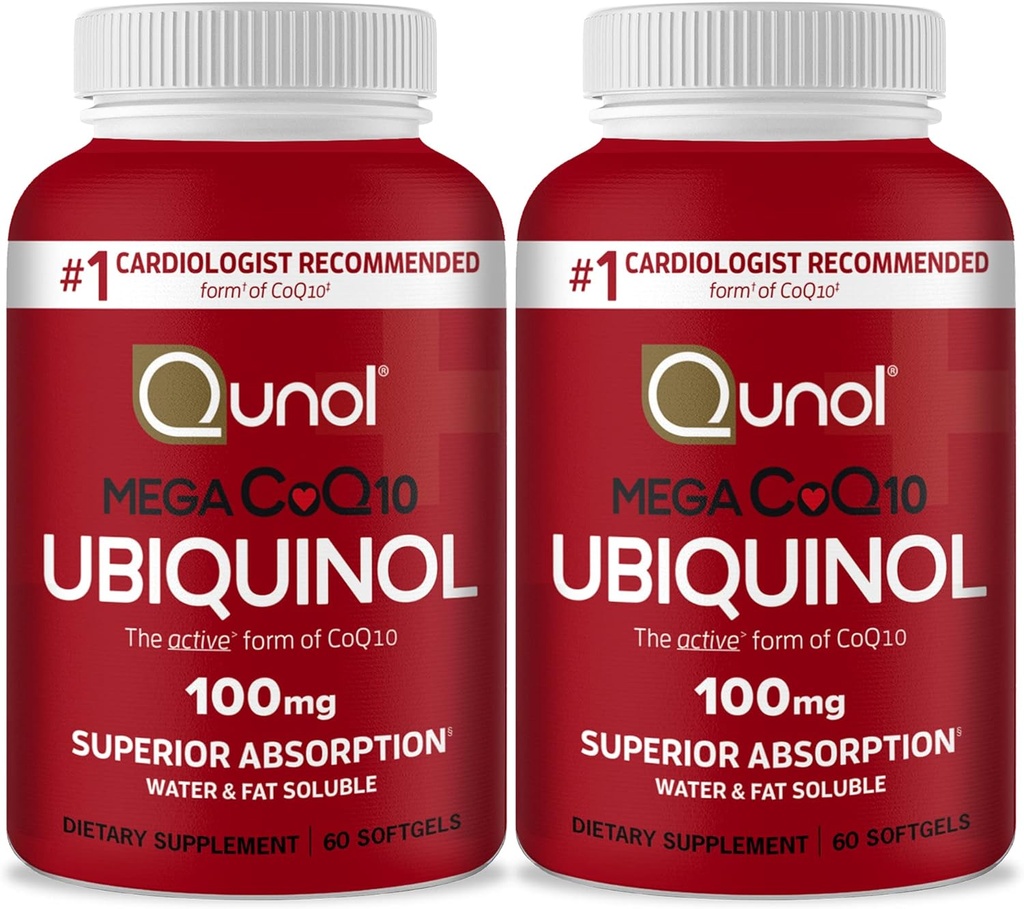 Qunol Mega Ubiquinol Coq10 100mg, Superior Absorption, Patented Water and Fat Soluble Natural Supplement Form of Coenzyme Q10, Antioxidant for Heart Health, 60 Softgels, Pack of 2