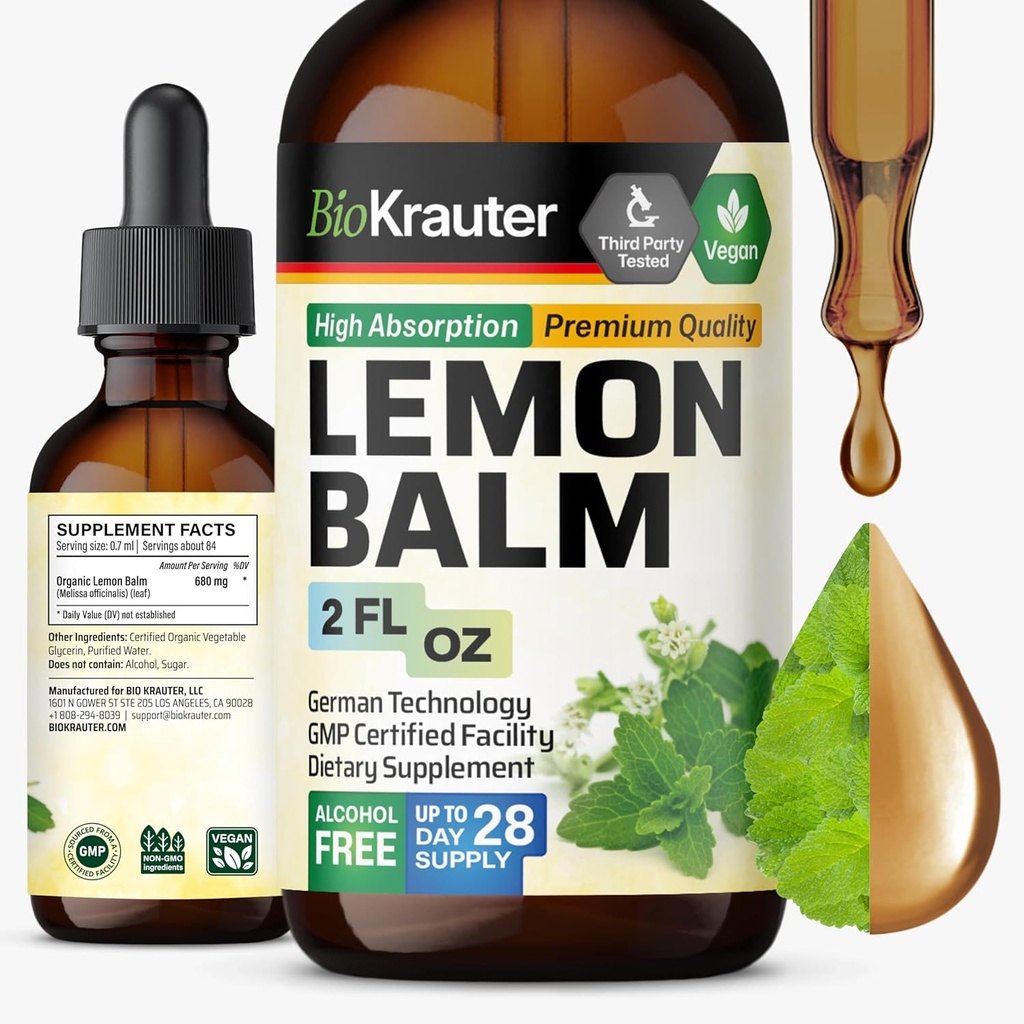 Extrait de feuille de baume de citron BIO KRAUTER - Teinture de baume de citron Vegan Melissa pour le calme - sans sucre et sans alcool - 2 Fl. Oz.