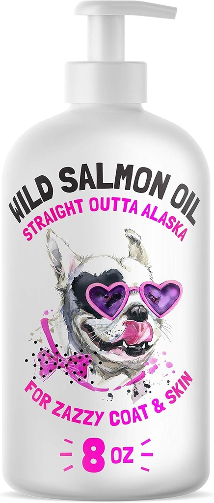 Huile de saumon sauvage de l'Alaska pour chiens et chats - Pure Fish Omega 3 6 9 Acides gras de l'EPA liquide DHA - Supplément de peau et de manteau - Soutient la fonction articulaire, le cerveau, les yeux, l'immunité et la santé cardiaque - Fabriqué aux États-Unis 8 oz