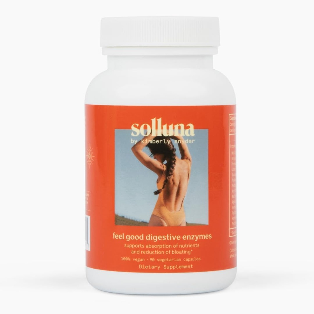 Solluna de Kimberly Snyder Enzymes digestifs Lipase, Amylase, Protease, Alpha-Galactosidase, Cellulase pour la santé digestive, Absorption nutritive, Douleurs estomac, Gaz et Bloatation (90CT) Vegan et non-OGM