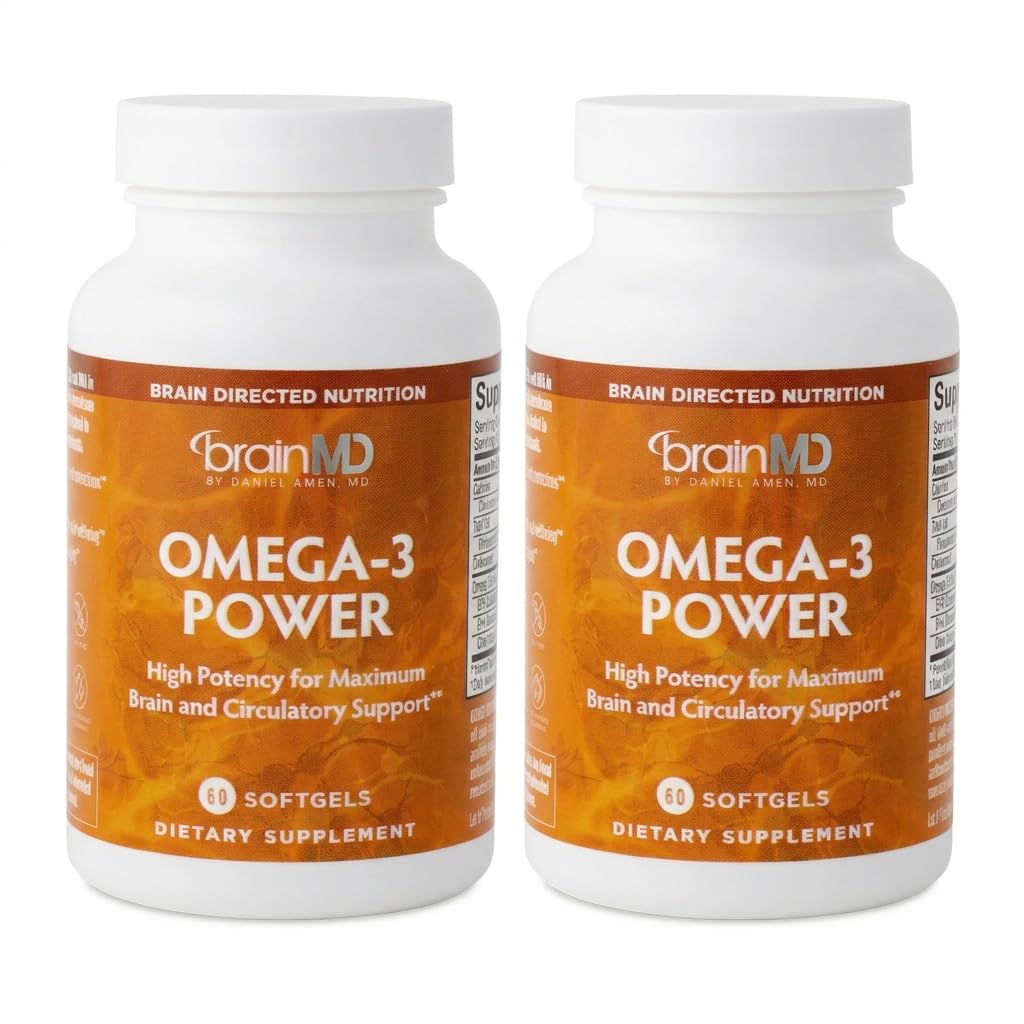 BrainMD Dr Amen Omega-3 Power - 60 capsules, paquet de 2 - Supplément de soutien articulaire et immunitaire - Contient DHA & EPA - Sans gluten - 60 portions totales