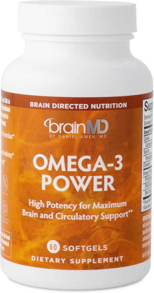 BrainMD Dr Amen Omega-3 Power - 60 capsules, paquet de 2 - Supplément de soutien articulaire et immunitaire - Contient DHA & EPA - Sans gluten - 60 portions totales