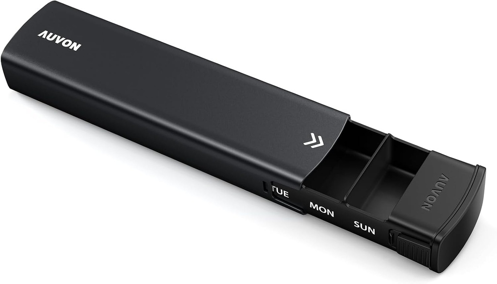 AUVON Metal Weekly Pill Organizer with Slide Design, Stylish Travel Pill Box 7 Day for Privacy Protection, boîtier en alliage d'aluminium avec grand compartiment pour suppléments, huile de poisson (noir)