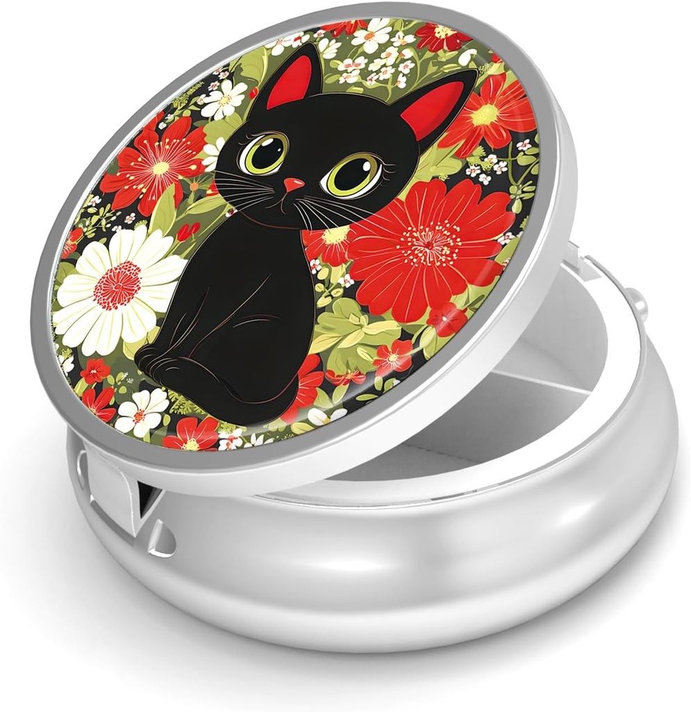 Pill Box-3 Compartiment petit cas de pilule pour la Purse & Pocket Mini Pill Holder Metal Travel Pill Container to Hold Suppléments Vitamines Free BPA (Cute Cat)