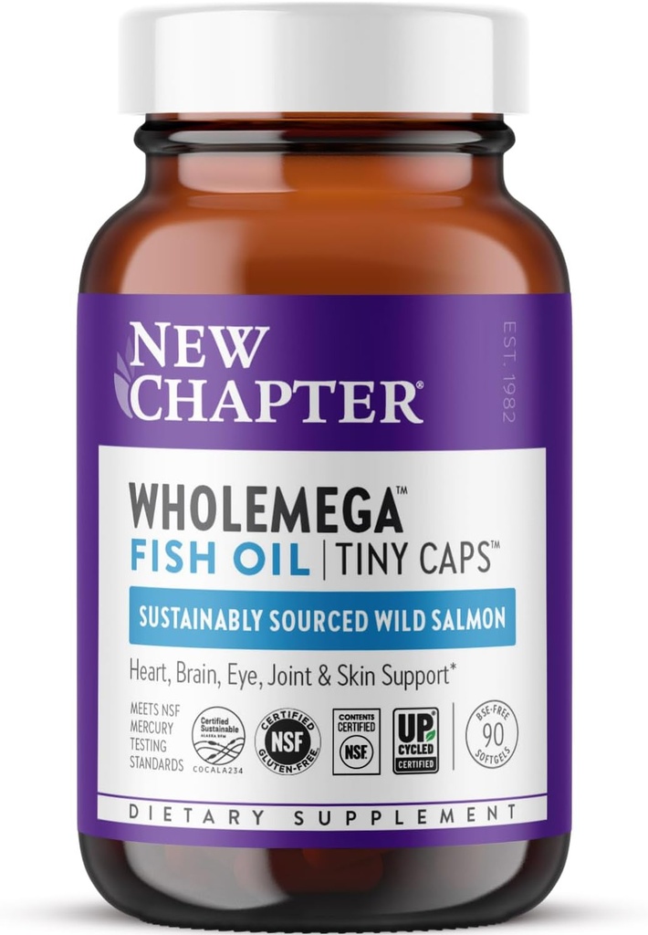 Nouveau chapitre Supplément d'huile de poisson Wholemega, Capsules minuscules, 2000mg par portion, Huile de saumon sauvage d'Alaska éprouvée cliniquement avec Oméga-3 + Vitamine D3 + Astaxanthine, 500mg Chaque - 90 Compte