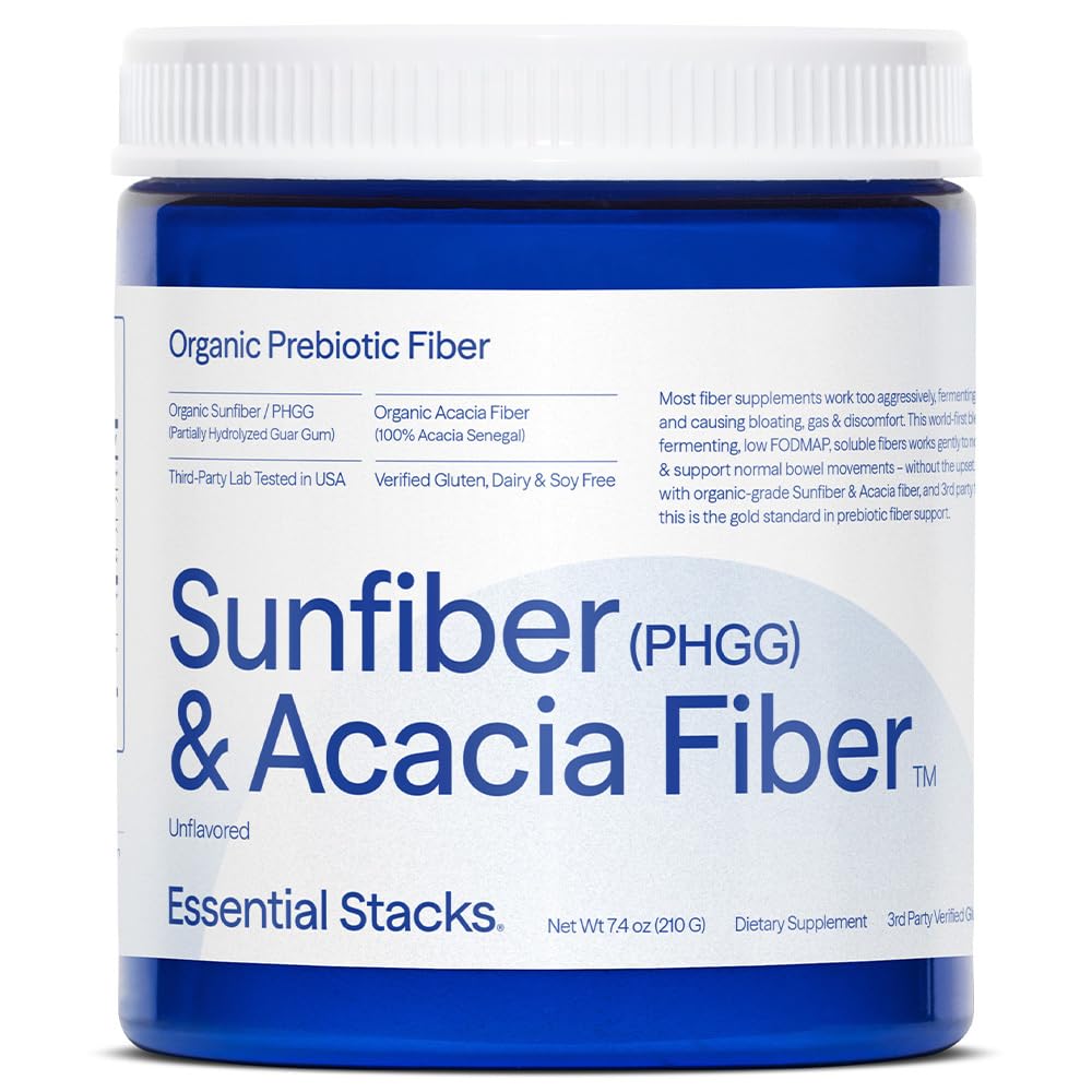 Piles essentielles fibre de soleil bio fibre prébiotique (partiellement hydrolysée Guar Gum/PHGG) avec poudre de fibre d'acacia - sans gluten, sans OGM et fibre soluble non aromatisée (7.4 oz)