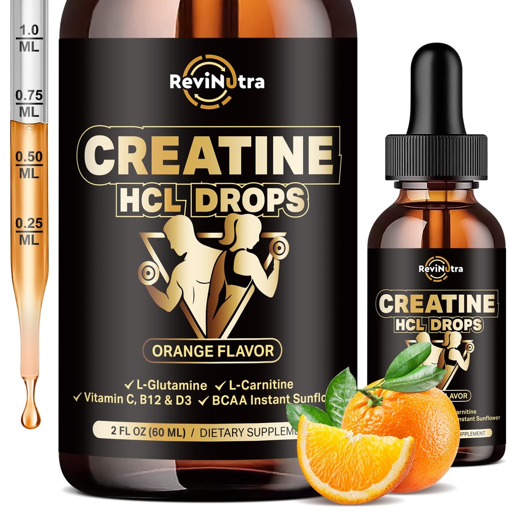 Creatine HCL gouttes liquides pour les hommes et les femmes, 1500mg Hydrochlorure de créatine liquide, haute absorption, 2 Fl Oz saveur orange