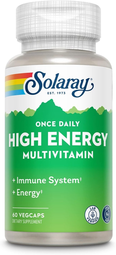 SOLARAY Once Daily High Energy Multivitamin, Iron Free, Immune System and Energy Support, Whole Food and Herb Base Ingredients, Men’s and Women’s Multi Vitamin, 60 Servings, 60 VegCaps