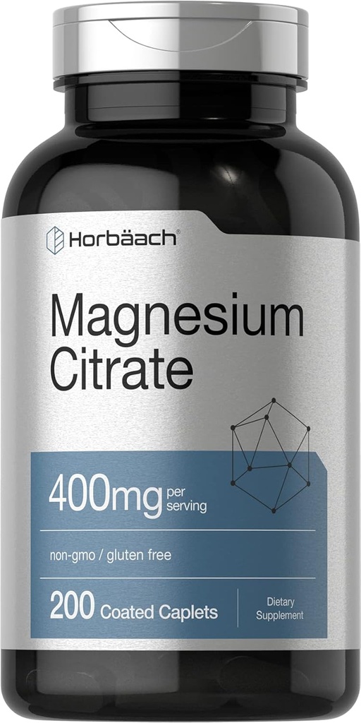 Horbäach Citrate de magnésium (400mg) 200 Caplets (200) Supplément végétarien, sans OGM et sans gluten