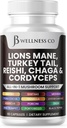 Lions Mane Supplément soutien cognitif, santé immunitaire avec la dinde Tail 20in1 Champignon Reishi Cordyceps Chaga avec Marshmallow Root 60 Comte