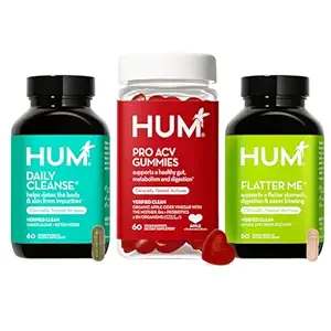 HUM Gut Health Bundle, Daily Cleanse, Flatter Me Enzymes digestifs & Pro Gums de vinaigre de cidre de pomme avec probiotiques pour la santé digestive, probiotiques, vitamine B12, vinaigre de cidre, 3-Step Wellness Support Pack